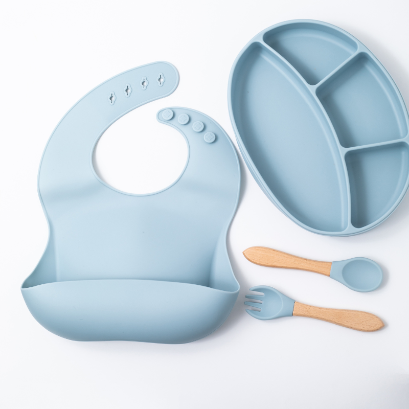 silicon baby feeding spoon fork sectioned plate and bib in blue color