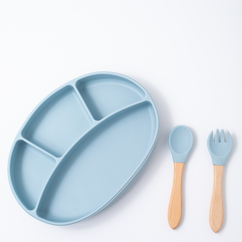Silicon Baby Feeding spoon fork and suction plate in blue color