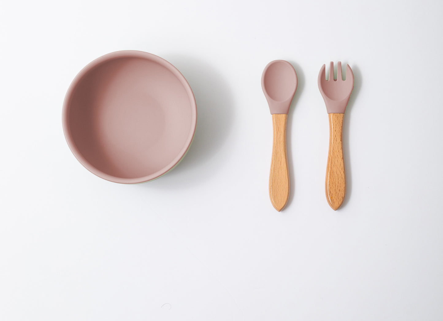 silicon round bowl spoon and fork in pink color for babies
