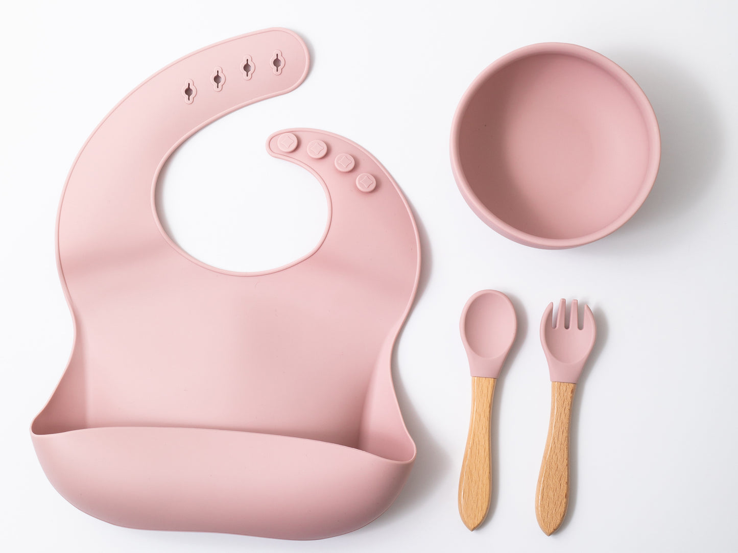 silicon baby bib round bowl spoon and fork in pink color