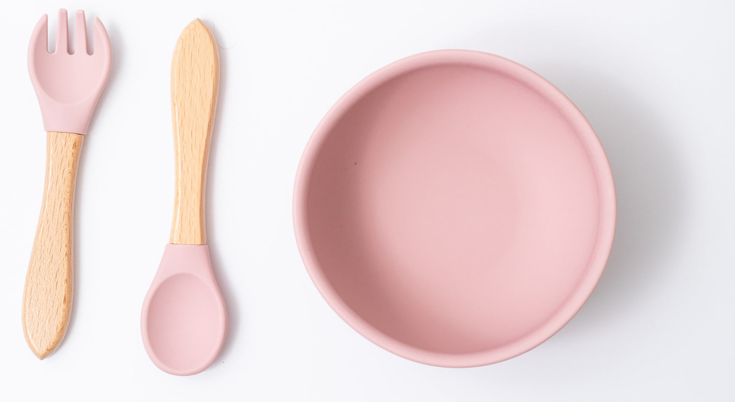 silicon round bowl spoon and fork in pink color for babies