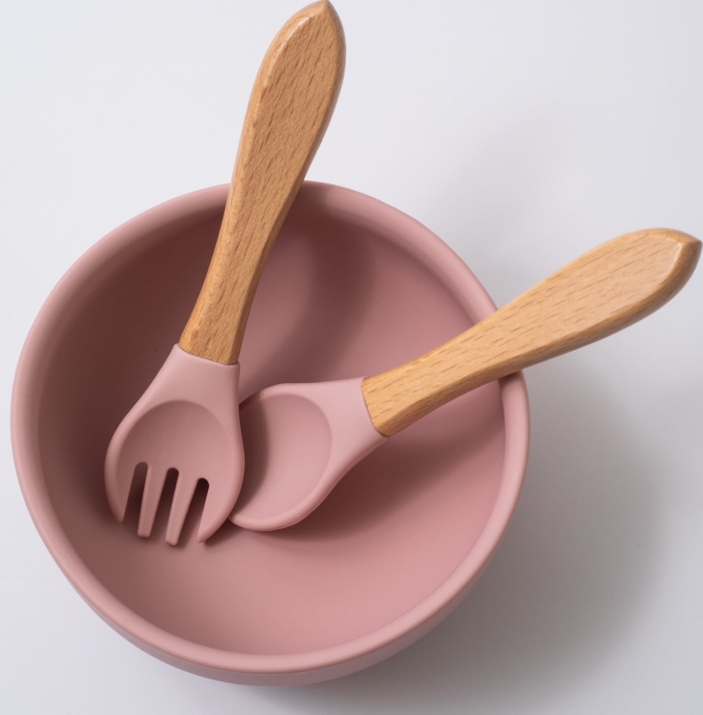 silicon round bowl spoon and fork in pink color