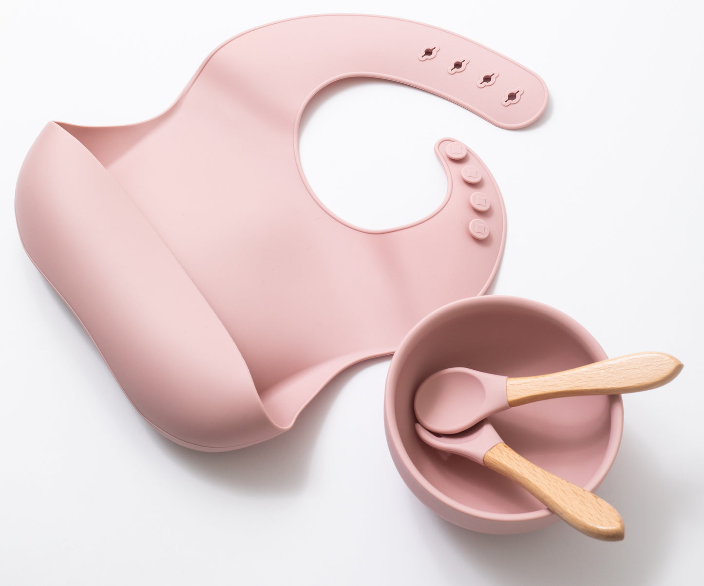 silicon baby bib round bowl spoon and fork in pink color