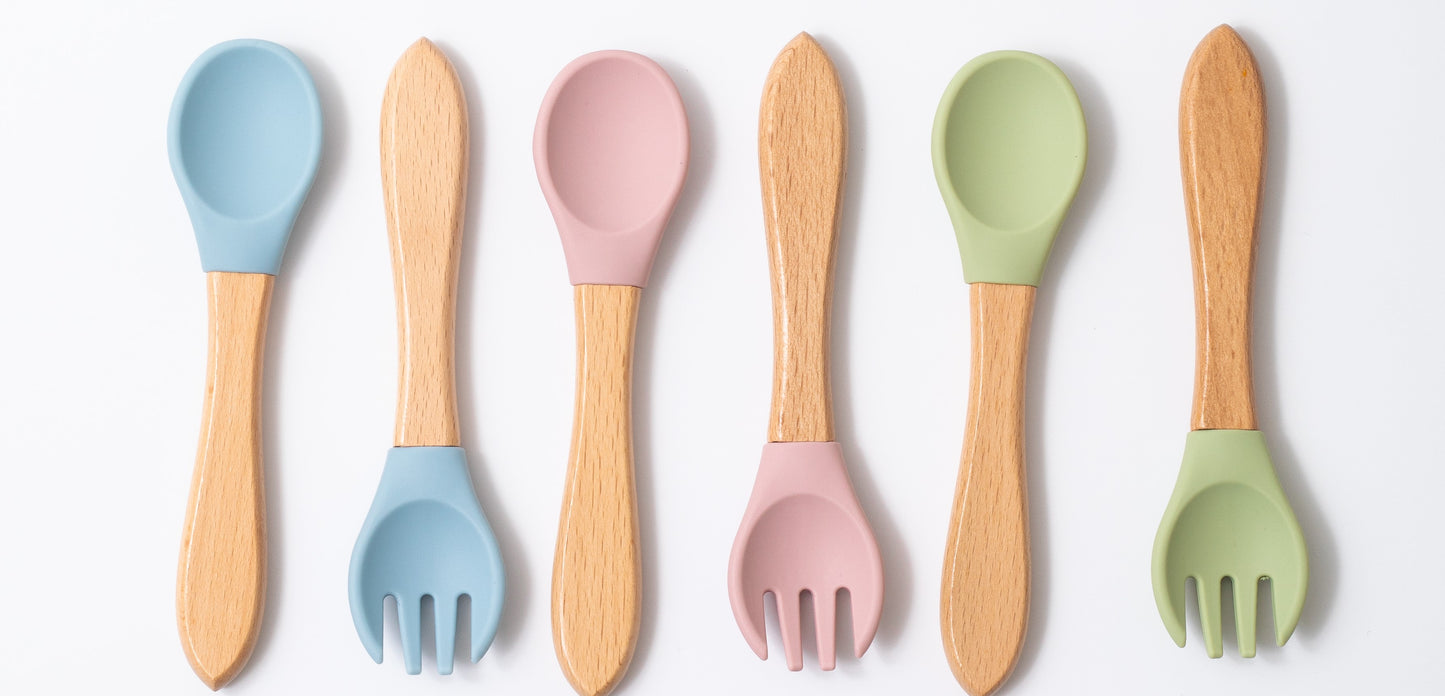 silicon three spoons and three forks in blue pink and green color for babies