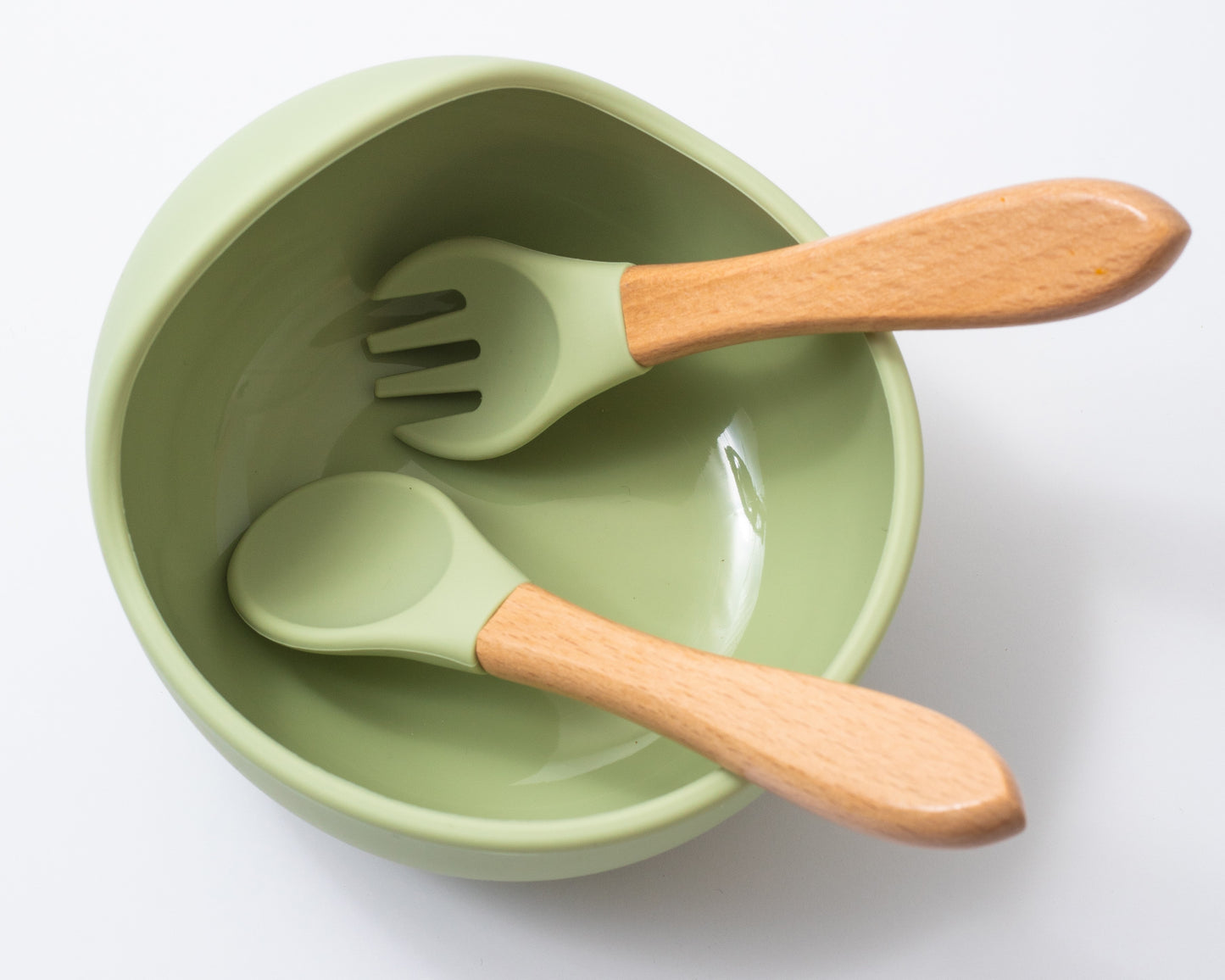 silicon weaning bowl spoon and fork in green color