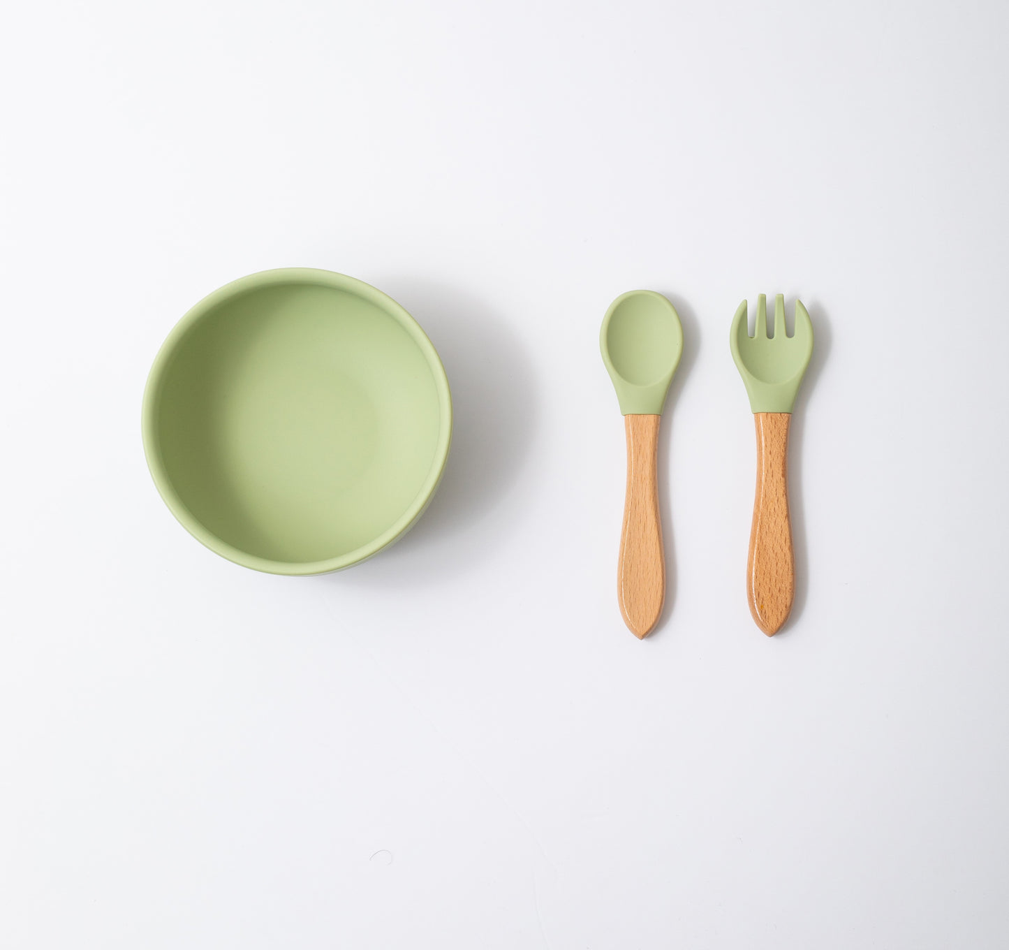 silicon round bowl spoon and fork in green color for babies