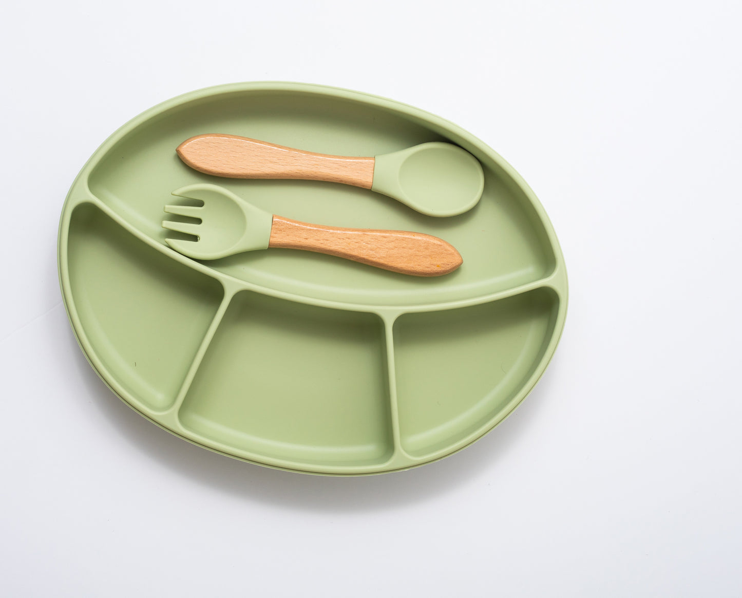 Silicon Baby Feeding spoon fork and suction plate in green color
