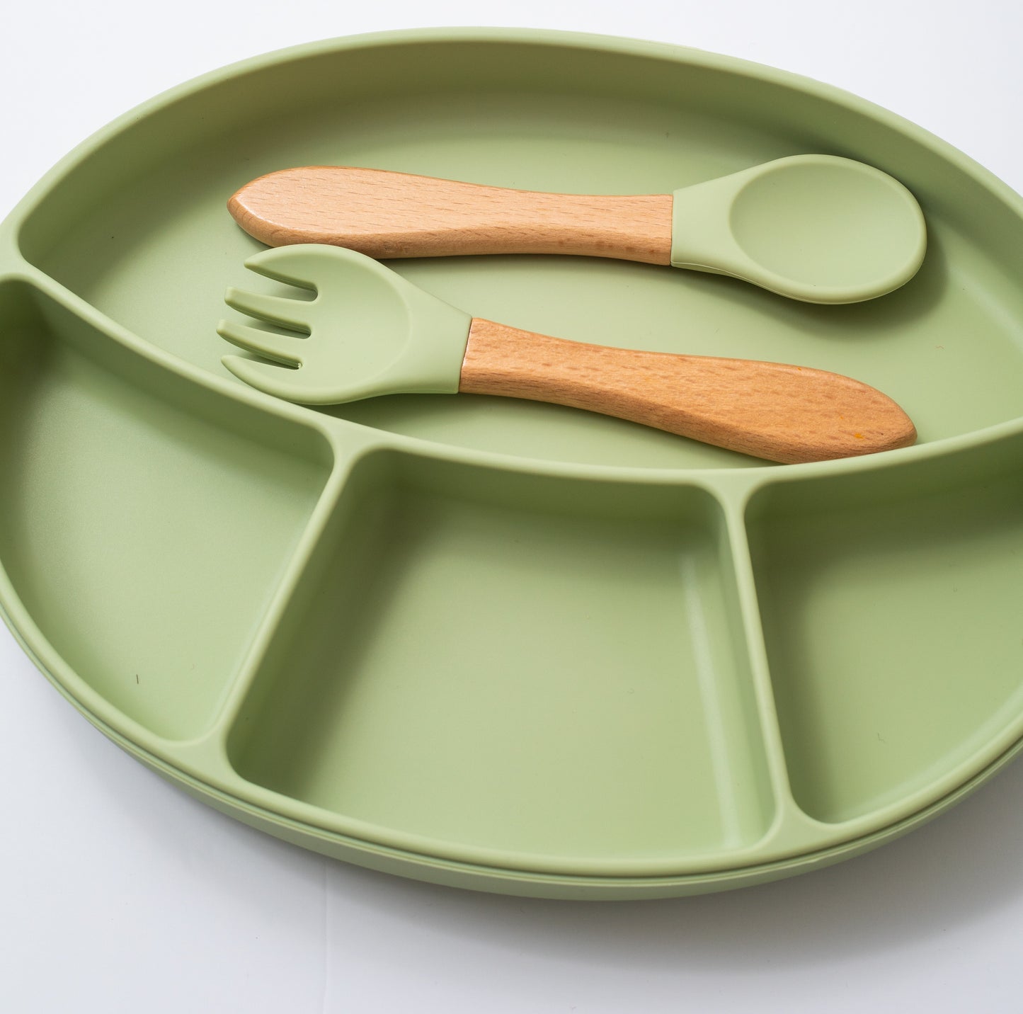 Silicon Baby Feeding spoon fork and suction plate in green color