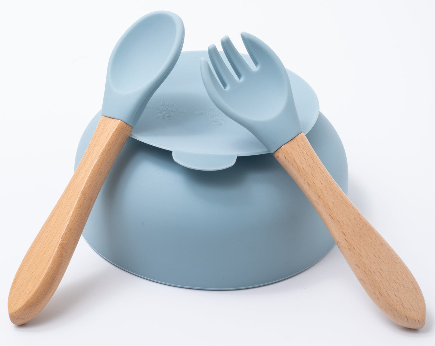 silicon round bowl spoon and fork in blue color