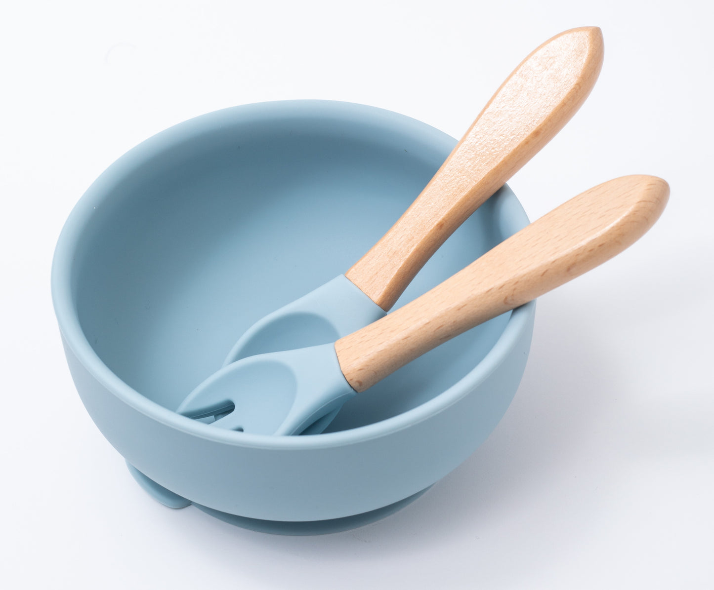 silicon round bowl spoon and fork in blue color