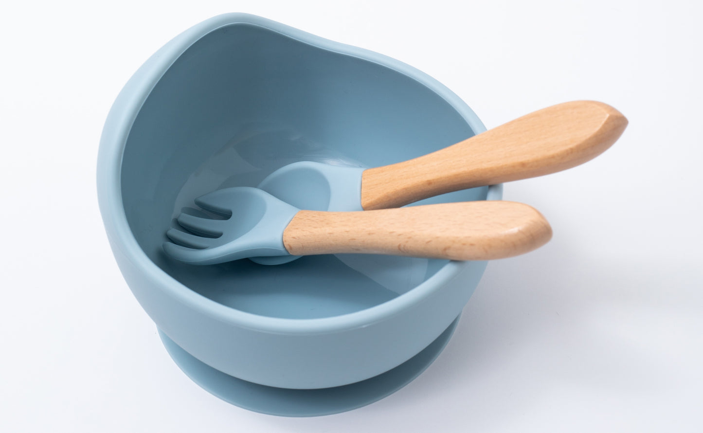 silicon weaning bowl spoon and fork in blue color