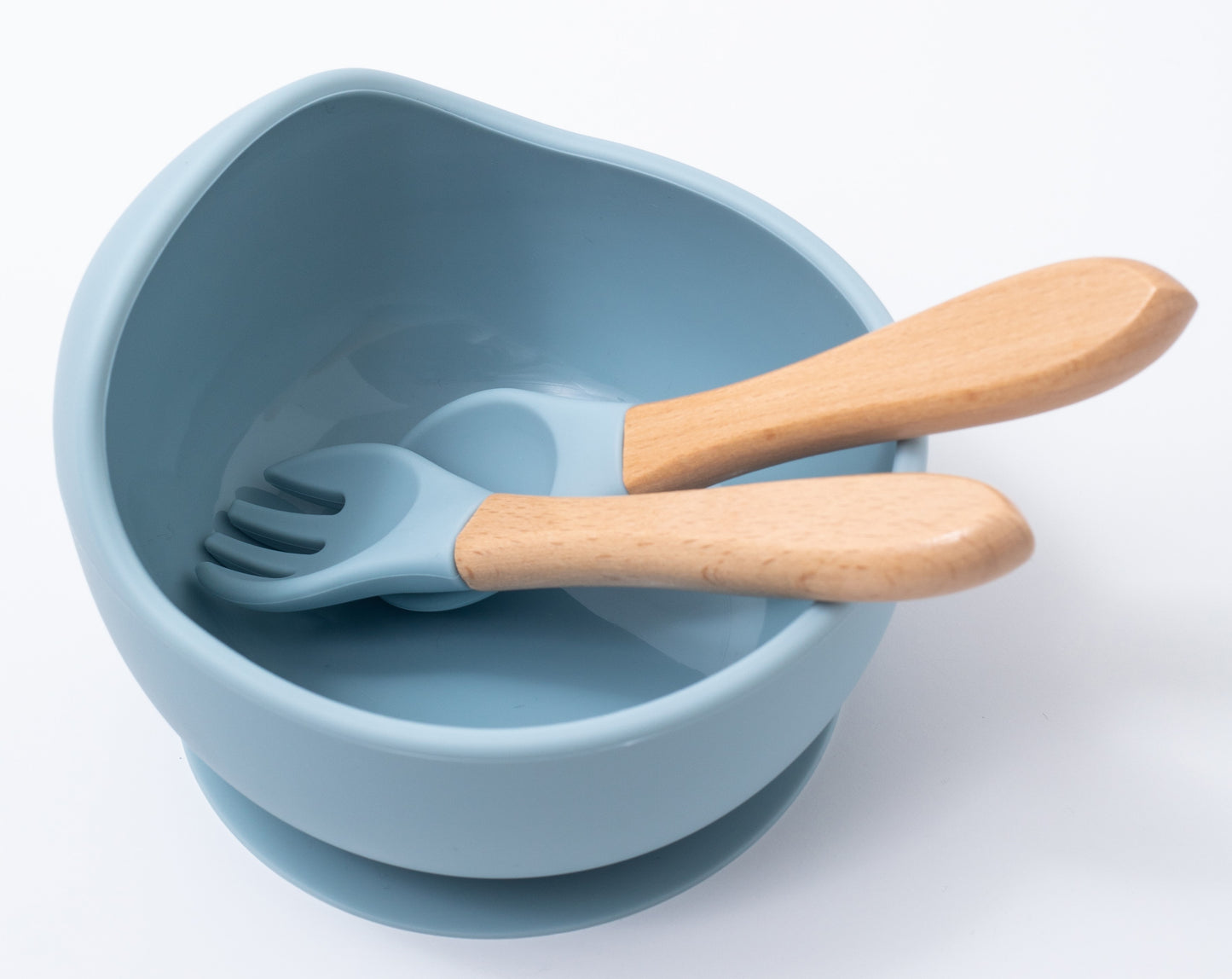 siliocn weaning bowl spoon and fork in blue color