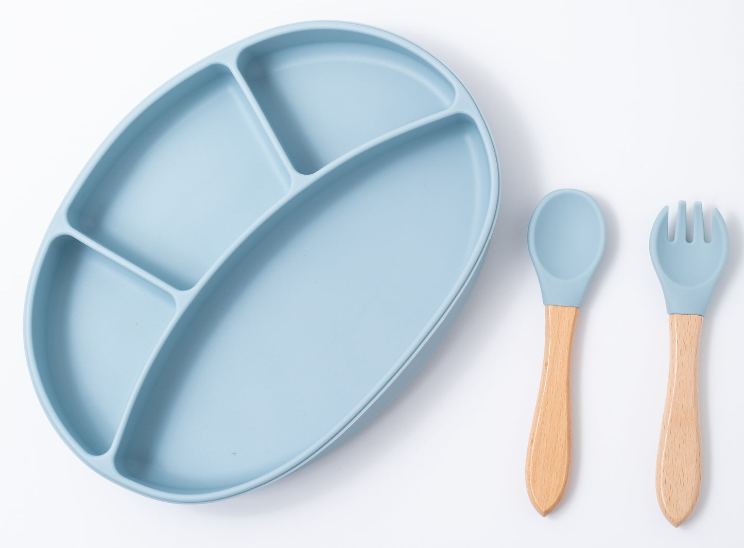 Silicon Baby Feeding spoon fork and suction plate in blue color
