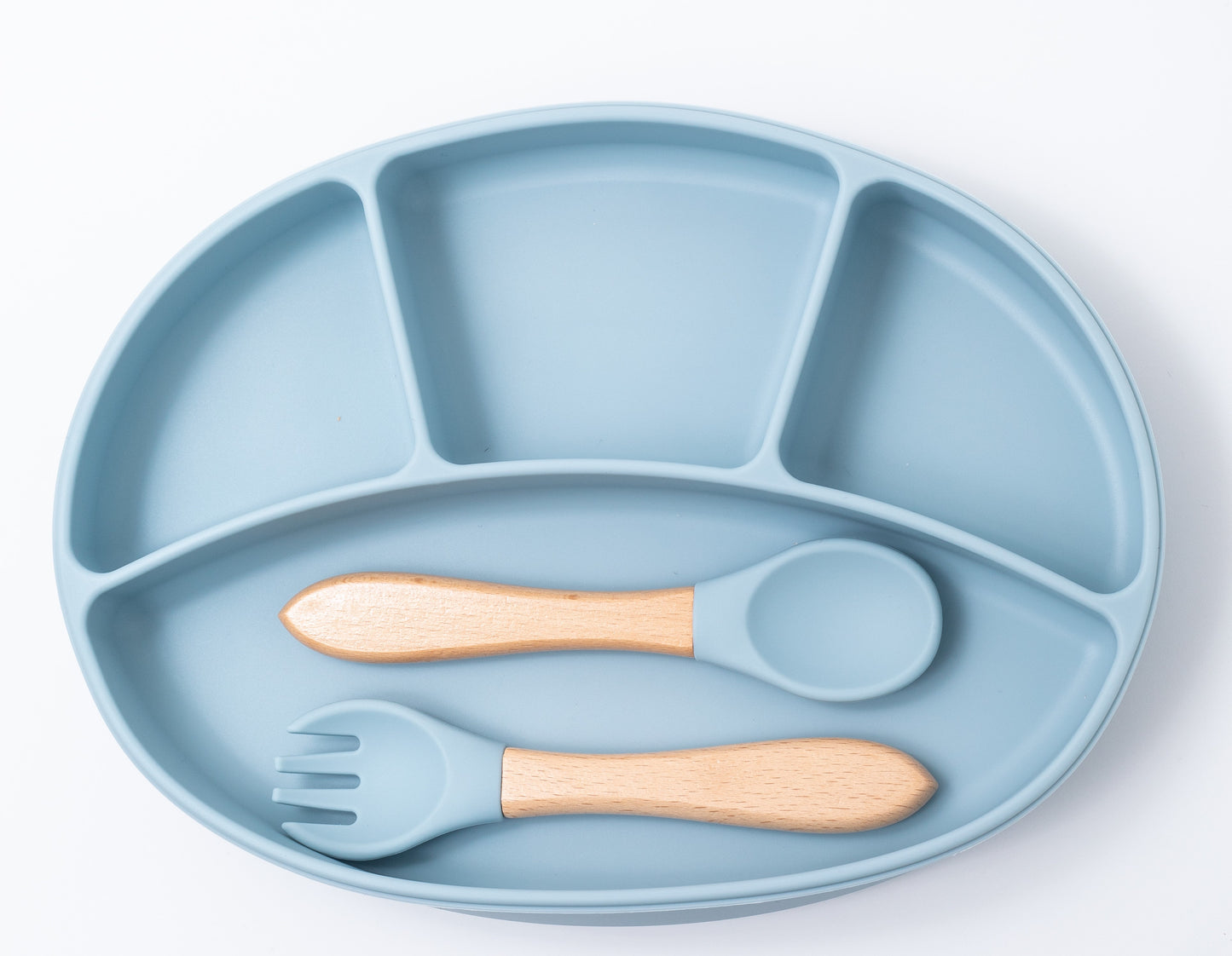 Silicon Baby Feeding spoon fork and suction plate in blue color