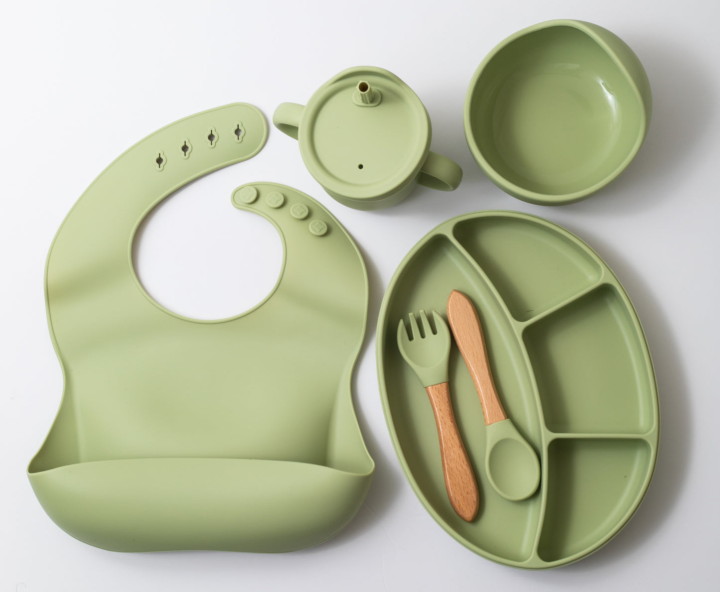 silicon baby bib weaning bowl sectioned plate fork spoon and sippy cup in green color