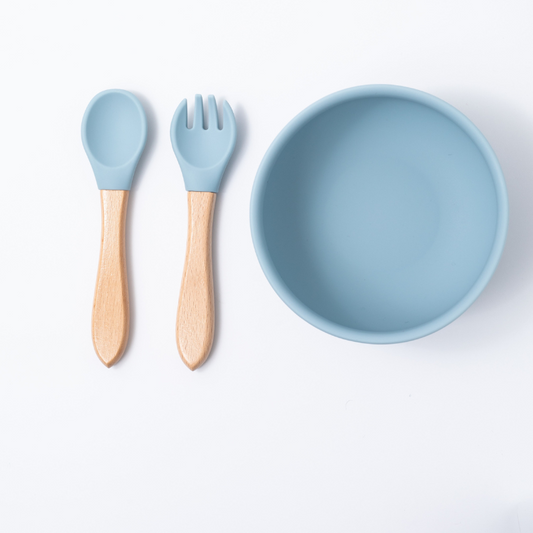 silicon baby round bowl spoon and fork in blue color