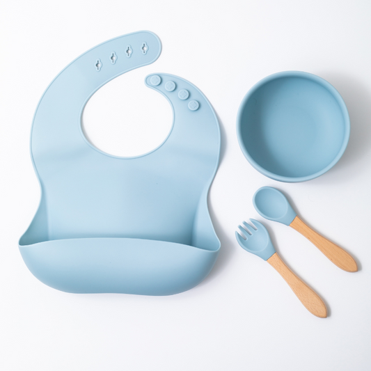 silicon baby bib round bowl spoon and fork in blue color