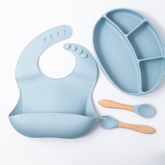 silicon baby feeding  spoon fork sectioned plate and bib in blue color