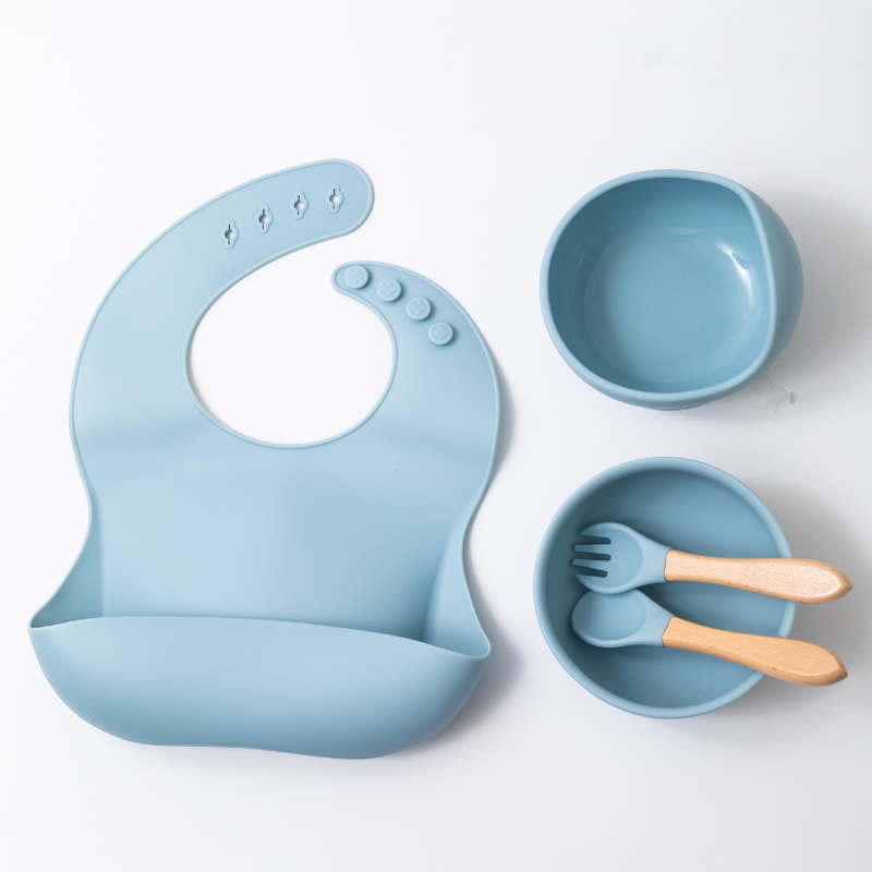 Blue Silicone Baby Feeding set of five pieces With silicon baby bib Silicon Baby Fork Silicone Baby Spoon Silicone Baby Bowl Silicone Baby Weaning Bowl