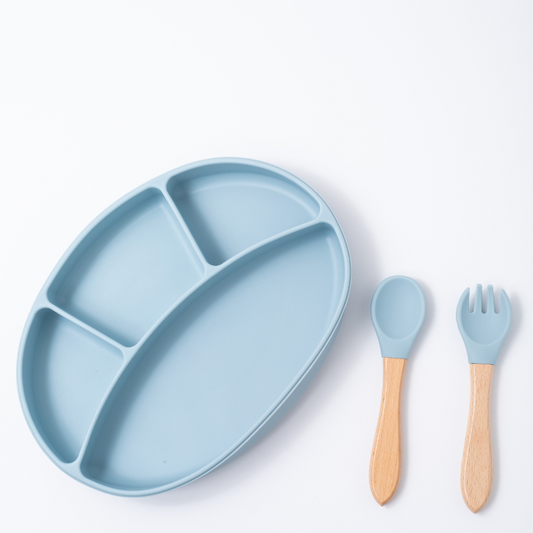 Silicon Baby Feeding  spoon  fork and suction plate in blue color