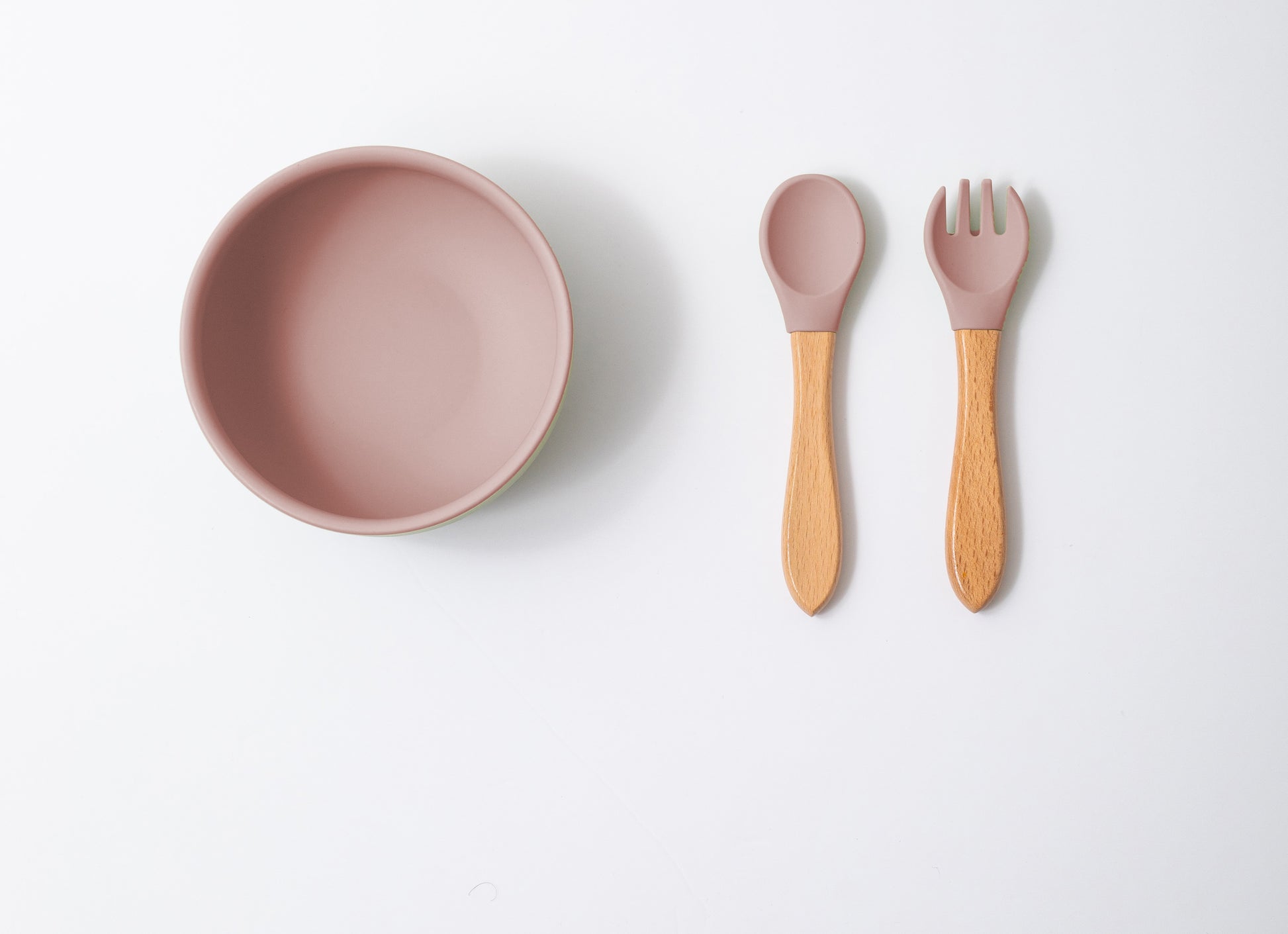 silicon round bowl spoon and fork in pink color  for babies