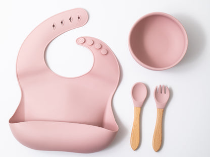 silicon baby bib round bowl spoon and fork in pink color