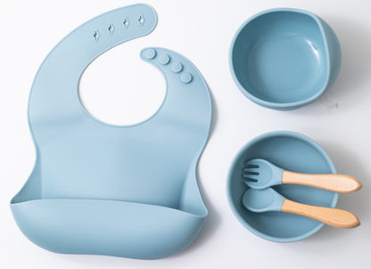 Blue Silicon Baby Feeding set With silicon baby bib Silicon Baby Fork Silicon Baby Spoon Silicon Baby Bowl Silicon Baby Weaning Bowl