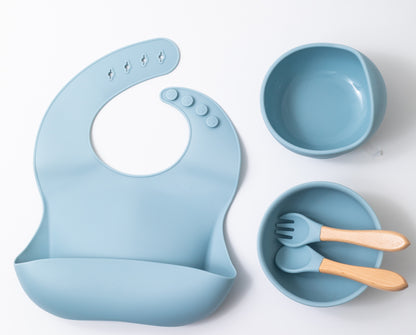 Blue Silicon Baby Feeding set With silicon baby bib Silicon Baby Fork Silicon Baby Spoon Silicon Baby Bowl Silicon Baby Weaning Bowl