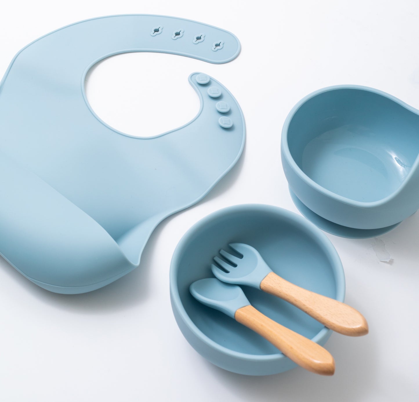 Blue Silicon Baby Feeding set With silicon baby bib Silicon Baby Fork Silicon Baby Spoon Silicon Baby Bowl Silicon Baby Weaning Bowl