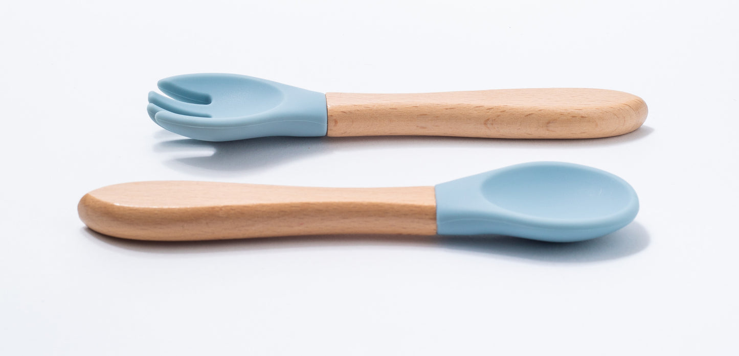 silicon spoon and fork in blue color for babies