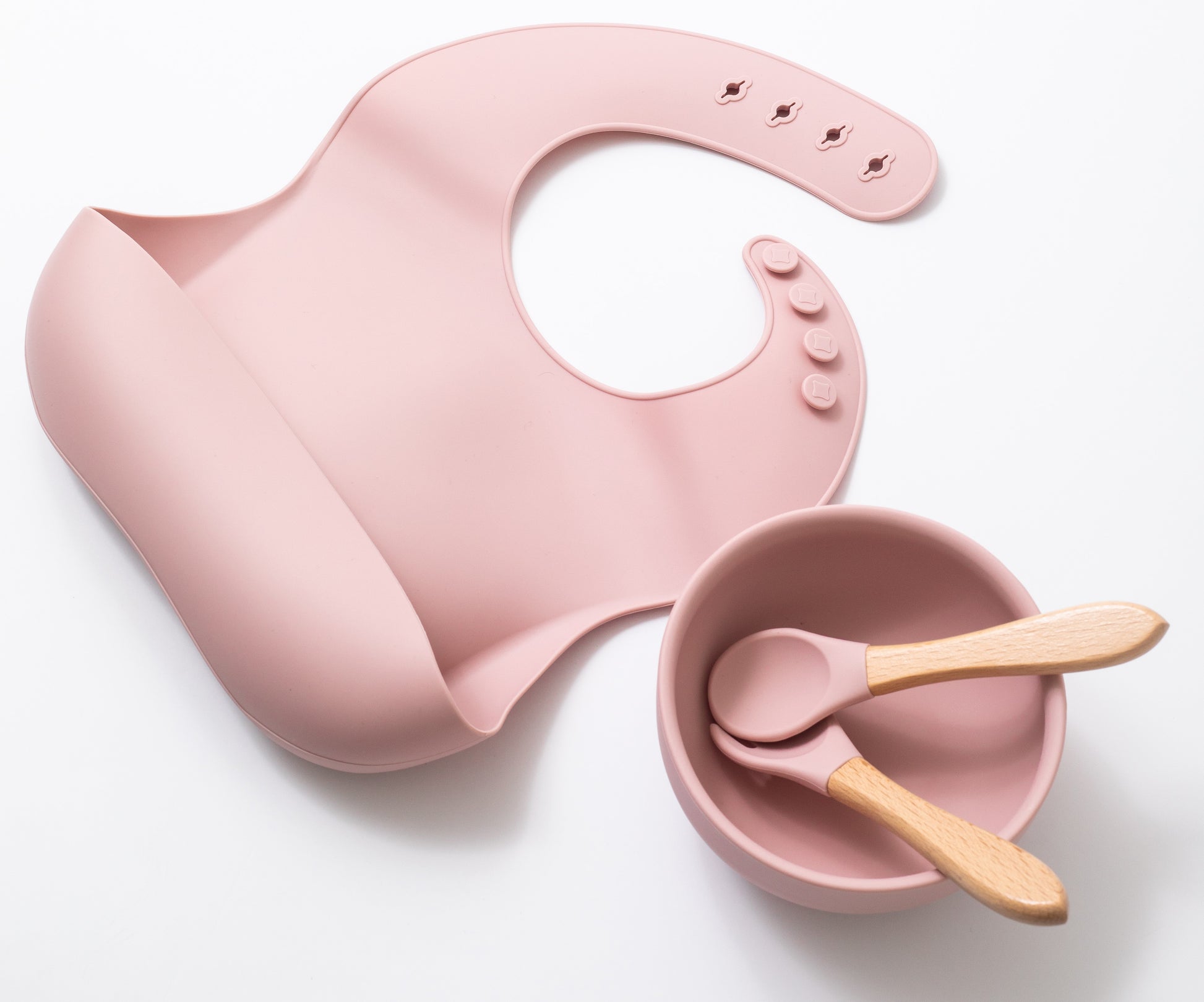 silicon baby bib round bowl spoon and fork in pink color