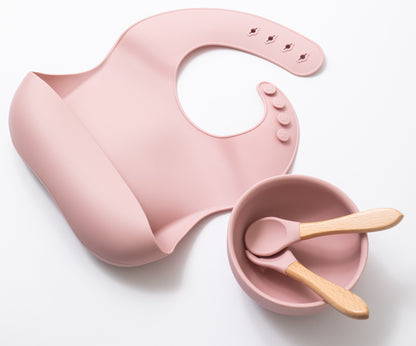 silicon baby bib round bowl spoon and fork in pink color