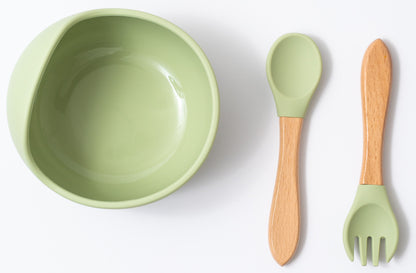 silicon weaning bowl with fork and spoon in green color