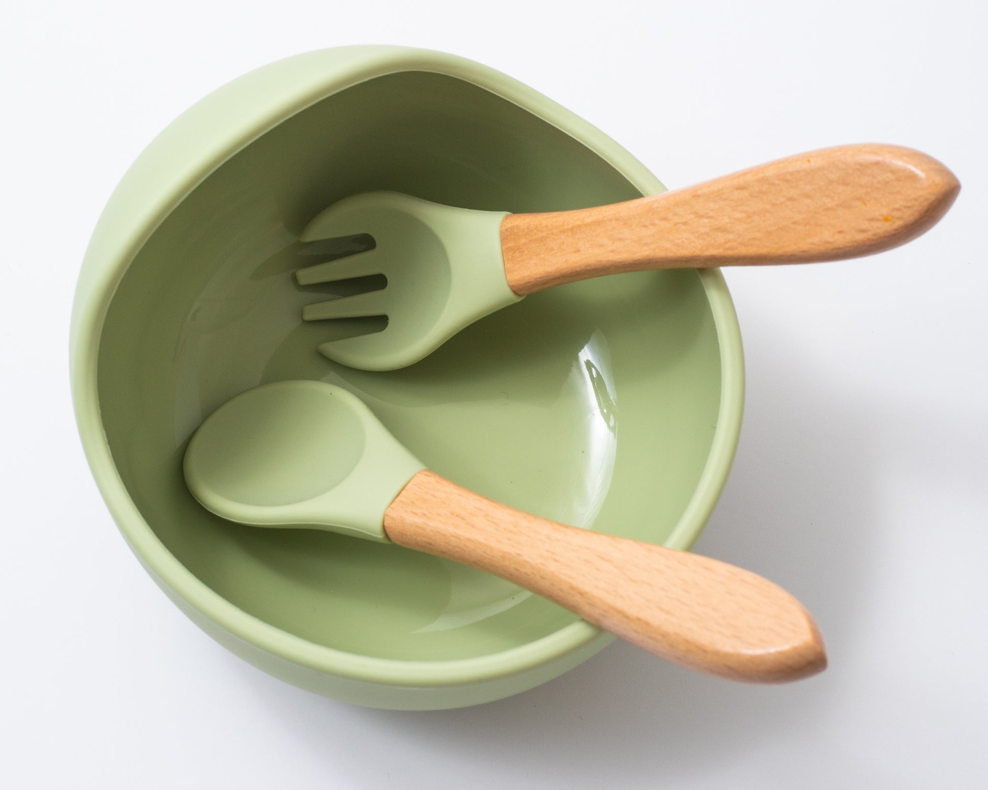 silicon weaning bowl spoon and fork in green color