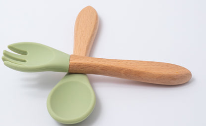 silicon  spoon and fork in green color for babies