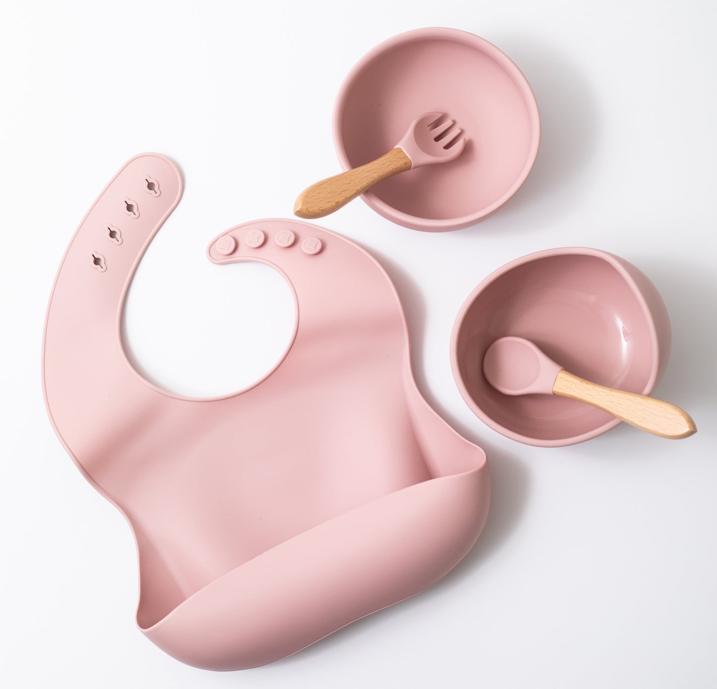 silicon baby bib round bowl weaning bowl spoon and fork in pink color