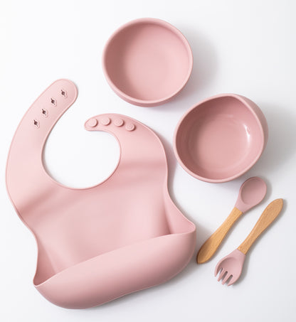 Pink Silicone Baby Feeding set of five pieces With silicone baby bib Silicon Baby Fork Silicon Baby Spoon Silicon Baby Bowl nd Silicone Baby Weaning Bowl