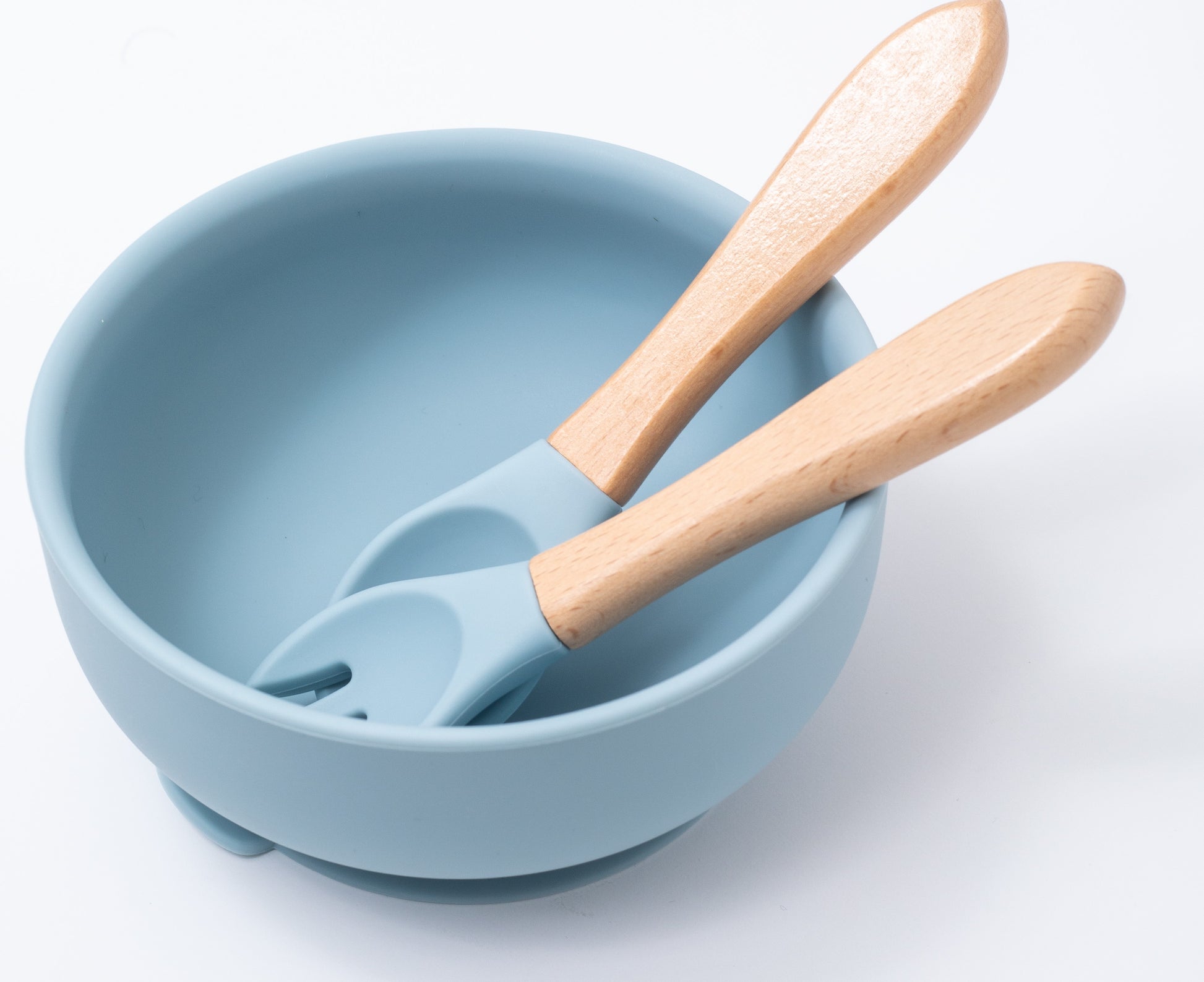 silicon round bowl spoon and fork in blue color for babies