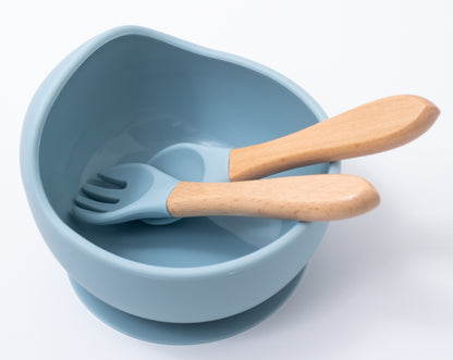 siliocn weaning bowl spoon and fork in blue color