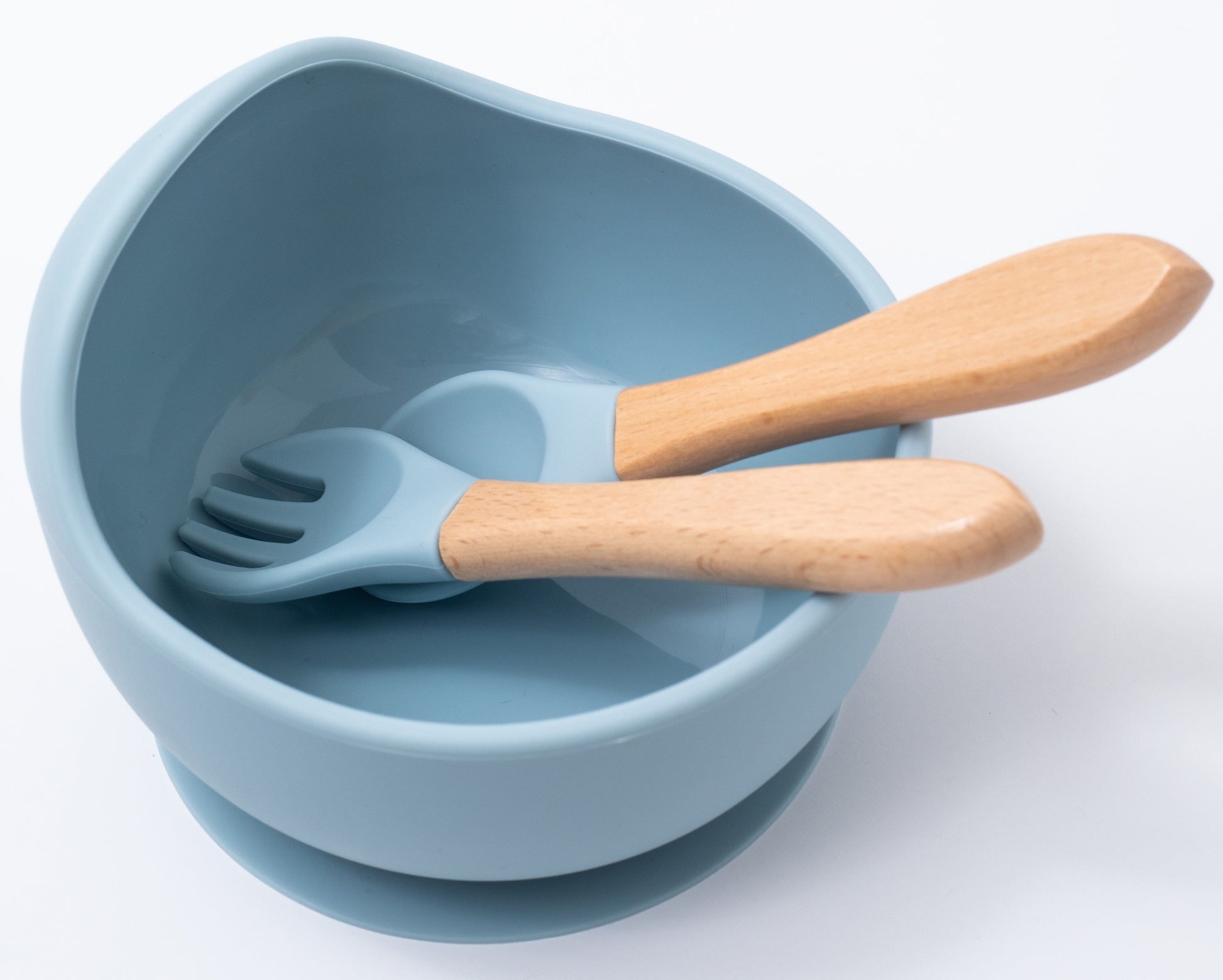 silicon weaning bowl with spoon and fork in blue color for babies