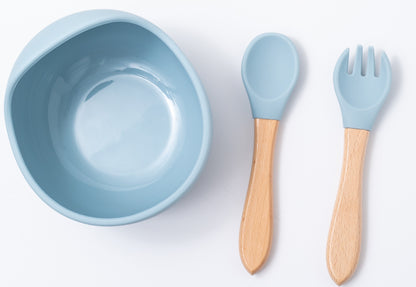 silicon weaning bowl with spoon and fork in blue color for babies