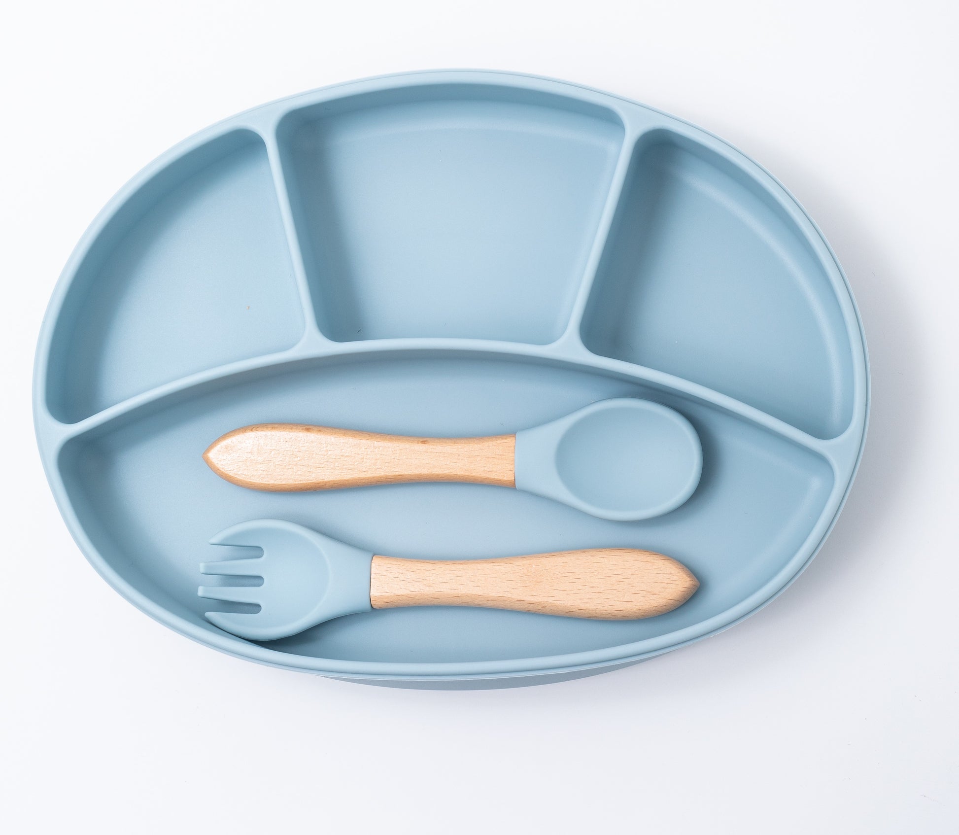 Silicon Baby Feeding  spoon  fork and suction plate in blue color