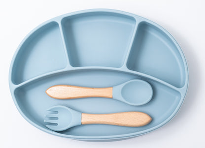 Silicon sectioned plate with silicon spoon and silicon fork in blue color