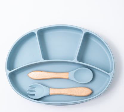 silicon sectioned plate with spoon and fork in blue color