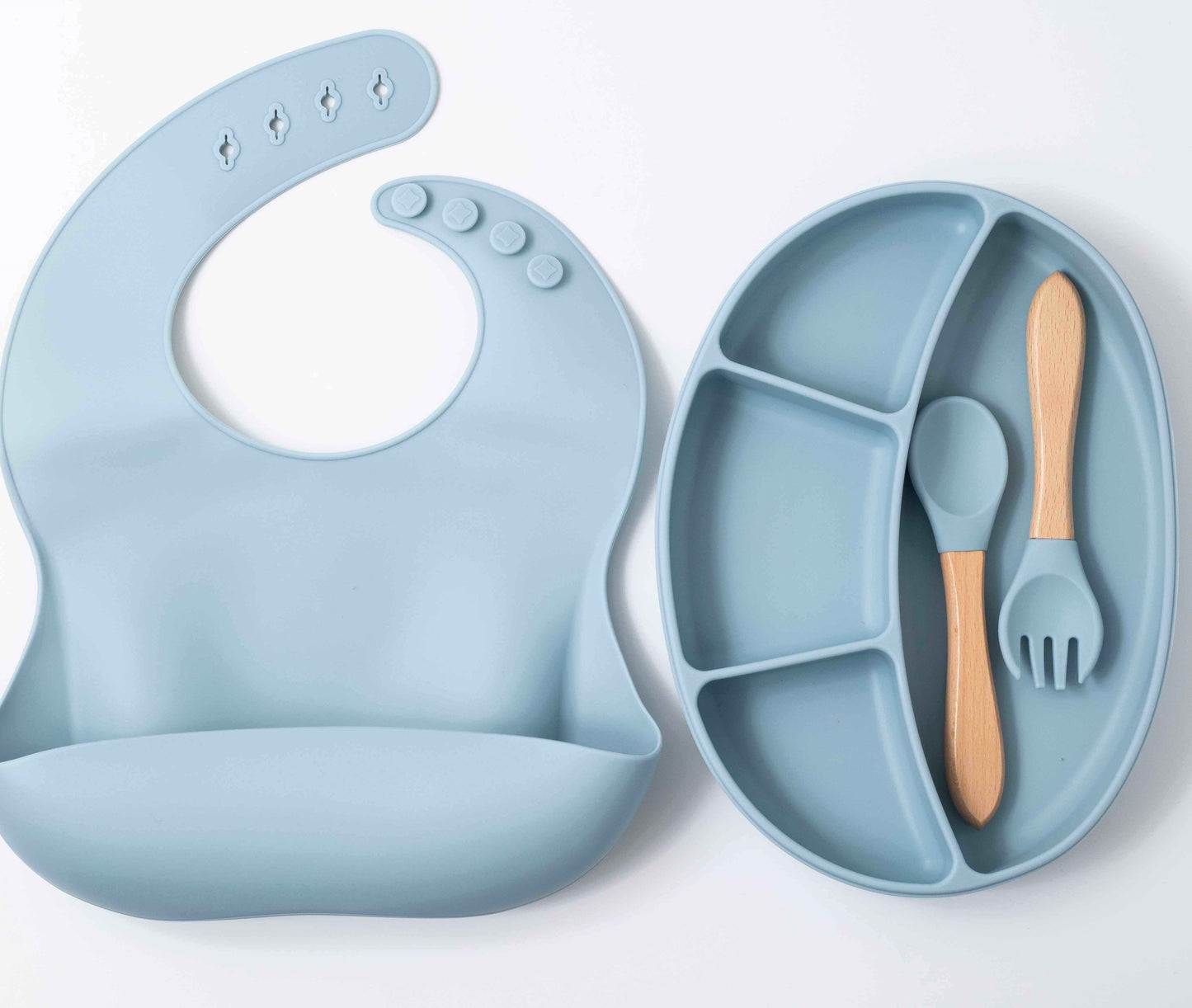 silicon baby feeding  spoon fork sectioned plate and bib in blue color