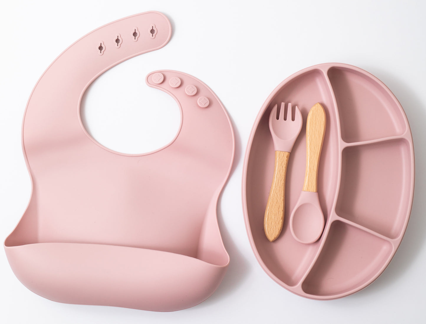 silicon baby feeding  spoon fork sectioned plate and bib in pink color